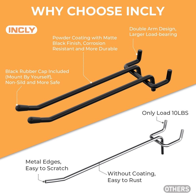 INCLY 4/6 Inch Black Pegboard Hooks, 36 Pack Heavy Duty Double Arm Peg Board Straight Hooks, Peg Board Tool Hangers Fit for 1/4" Pegboard Garage Hanging Tools, Craft Organizing, Kitchen, Store - Image 2